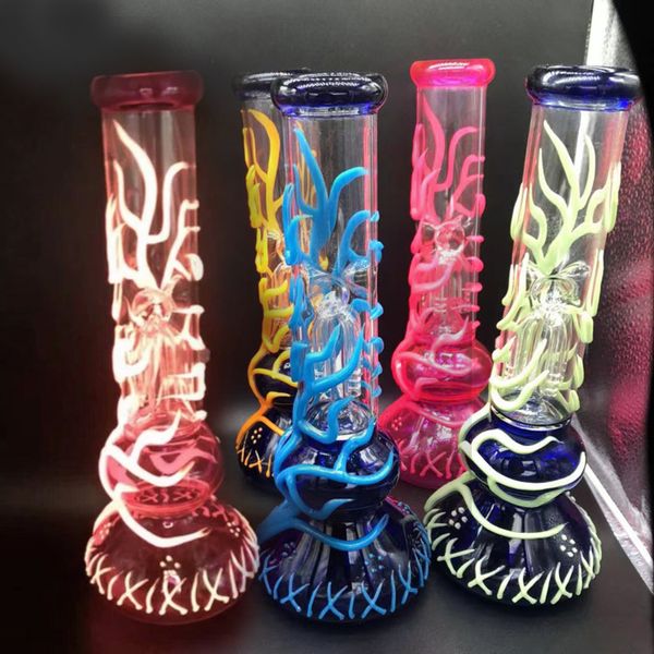 25CM 10 pouces Premium Glow dans le noir Couleur assortie avec veine Narguilé Tuyau d'eau Bong Bongs en verre avec tige inférieure de 14 mm et bol