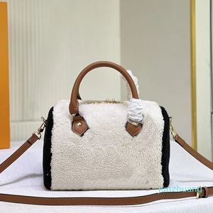 25cm Sac de créateur Teddy Sac à main Oreiller Femmes Toile Laine d'agneau Sac à main Cross Body Épaule Sofr Poignée supérieure en cuir Matériel doré Longue sangle Double fermeture éclair