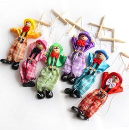 25 cm Fiesta divertida Vintage Colorido Tirar Cuerda Marioneta Payaso Marioneta de madera Artesanía Actividad conjunta Muñeca Niños Regalos para niños al por mayor