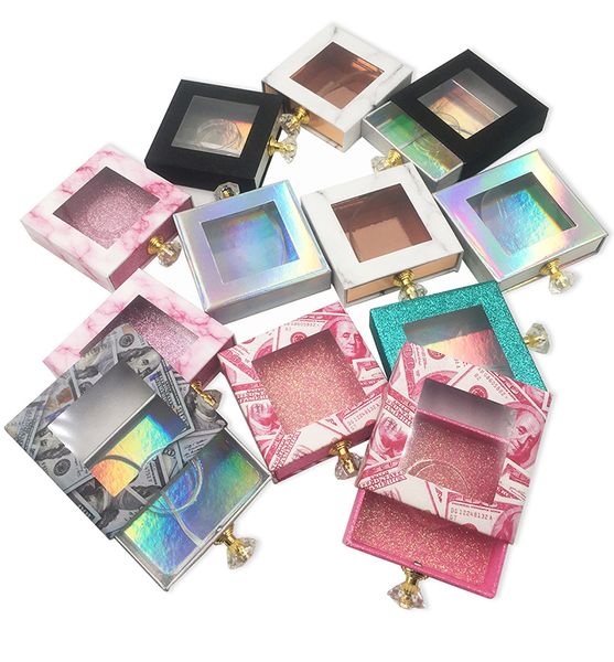 Caixa de embalagem de cílios postiços de 25 mm com alça de cristal Caixas de cílios falsos 3d Mink Lashes Estojo com glitter vazio