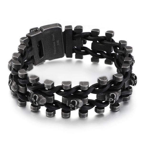 25 MM Large Punk Rock Vintage Chaîne Crâne Bracelet Hommes En Cuir Bijoux En Acier Inoxydable Gothique Hommes Biker Bracelets Avec Boucle De Ceinture