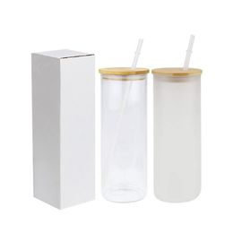 25oz Klar-/Milchglas-Wasserflasche Sublimation Blanko-Glasbecher mit Bambusdeckel und Strohhalmen