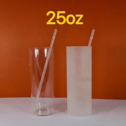 Gobelet transparent givré par sublimation de 25 oz tasses à boire avec couvercle en bambou paille gobelets blancs blancs tasses de transfert de chaleur bocal en verre de cola