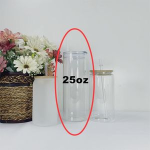 25oz Sublimation Straight Clear Frosted Beer Bril met LidsPlastic Rietjes 750 ml Witte Lege Waterflessen DIY Warmte Transfer Wine Tumblers door Air A12