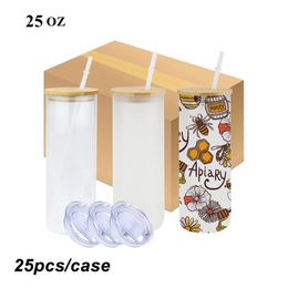 Gobelets à sublimation de 25 oz Tasses en verre créatives Boisson glacée Tasses à coke Peut Lait Jus Blancs Boire Tasses à café minimalistes avec paille et couvercles en bambou Ocean Ship E0517