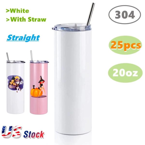 25pc / carton 20oz Sublimation Blanks Tumbler En Acier Inoxydable Droite Bouteilles D'eau Isolées Sous Vide Portable Voiture Café Thé Tasses Entrepôt US