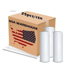 25pc/Carton Wholesale USA Warehouse 20OZ Sublimación en blanco Vuelve Tazas de acero inoxidable de pared doble recta con paja y tapa 916 0516