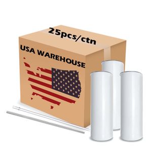 25pc / Carton Gros USA Entrepôt 20oz sublimation vierges gobelet droit double paroi tasses de voiture en acier inoxydable avec paille en plastique et couvercle 916