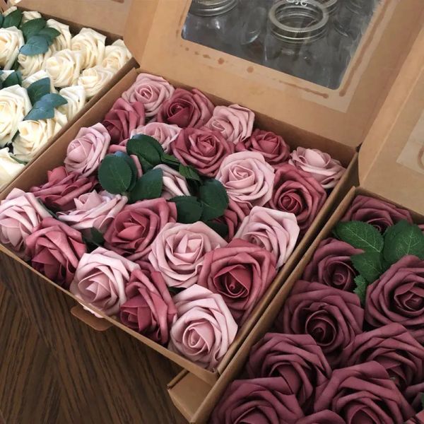 25 unids/caja de flores artificiales, rosas ruborizadas, rosas falsas realistas con tallo para bricolaje, ramos de fiesta de boda, Baby Shower, decoraciones para el hogar 2024302