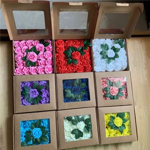 Flores artificiales decorativas para el hogar, 25 unidades por caja, cabeza de flores de rosas de espuma de PE con hojas, ramo de novia DIY, flor de simulación para regalo del día de San Valentín