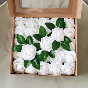 25 stks / doos PE Rose hoofd kunstmatige bloemen nep planten verlaat DIY krans bruiloft valentijnsdag bedrijf boeket schuim bloem bal