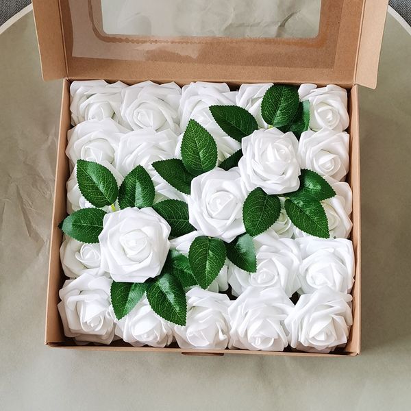 25 unids/caja de flores artificiales de cabeza de rosa de PE, hojas de plantas falsas, corona DIY para boda, ramo de flores de espuma para el Día de San Valentín