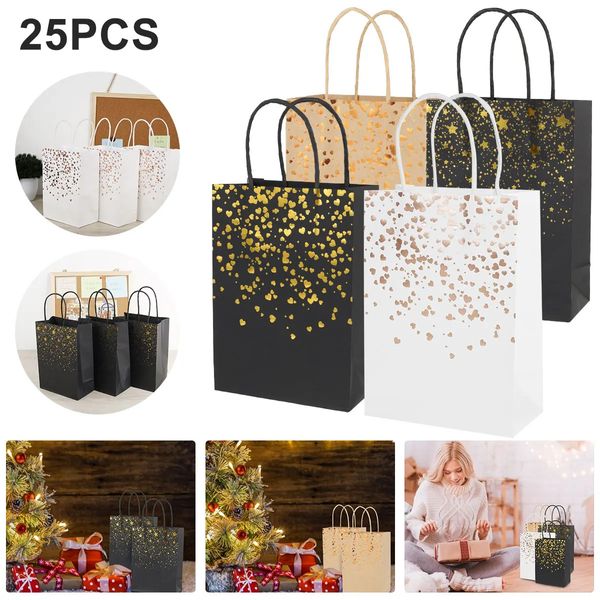 Sacs cadeaux en papier Kraft avec poignées, 25 pièces, décoration de fête en forme de cœur doré, étoile dorée, pour noël, anniversaire, mariage, 240124