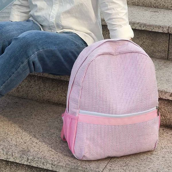 25pcs Lot rose grands sacs d'école Seersucker GA entrepôt 8 couleurs coton rayures classique sac à dos doux fille sacs à dos personnalisés garçon DOMIL106031