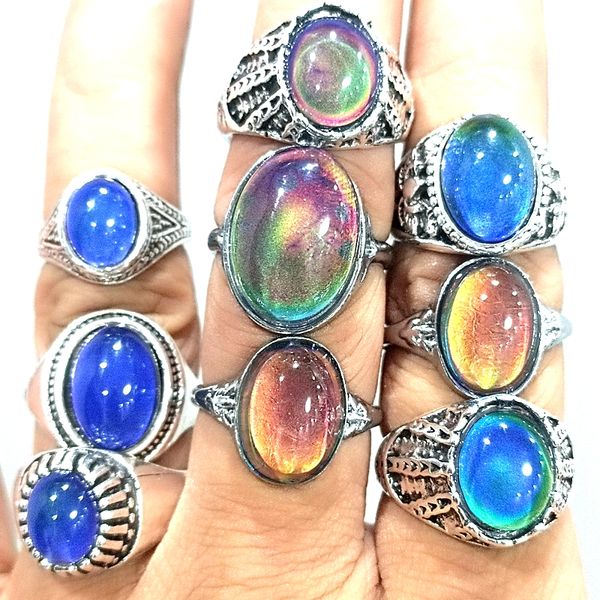 30 unids/lote hombres mujeres cambian de color anillo de humor sensible a la temperatura emocional vidriado masculino femenino anillo de moda aleación de tono plateado joyería Retro Vintage lote al por mayor