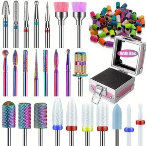 25 stks nagelboorbits ingesteld met roze houder en 50 stcs 8 kleuren schuurbanden, wolfraamcarbide keramische diamant 3/32 inch nagelboorbits Verwijder acryl poly nagel nagel nagel