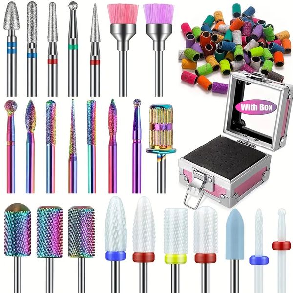 Bits de forage à ongles de 25 pcs avec support rose et 50pcs 8 couleurs bandes de ponçage, tungstène en carbure de diamant en céramique 3/32 pouces