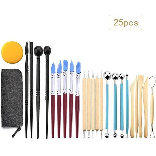 25pcs Pottery Clay Sculpting Tools Kit d'outils de sculpture de poterie avec sac de boîtier de transport pour les professionnels des débutants modéliser le bricolage