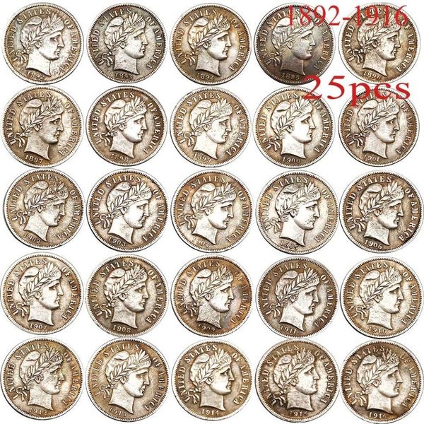 Pièces de monnaie en argent plaqué cuivre, 25 pièces, pièces de monnaie de barbier de 1892 à 1916, différentes années, Set278P