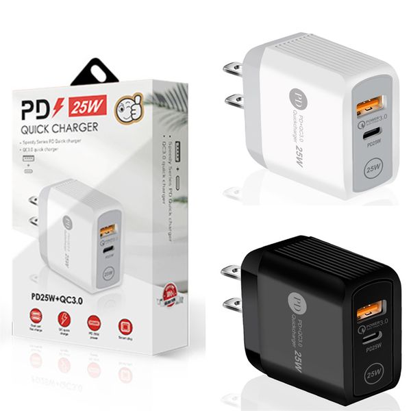 25w AC Carga rápida QC3.0 PD Cargador USB Tipo C Adaptador de cargador de pared para teléfono móvil para iPhone Samsung UE Reino Unido EE. UU. Enchufe Puertos duales Cargador rápido