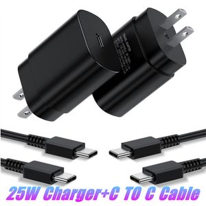 Cargador de 25W Adaptador de corriente de carga rápida Enchufe EU Tipo C 3A Cable USB para Samsung Galaxy S23 Ultra S20 S22 S21 Plus Note 10 20 Con paquete