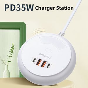 Station de charge multiple à charge rapide 35 W compacte 4 ports USB PD Prise de charge Adaptateur de chargeur mural USB C portable Veilleuse tactile pour téléphones tablettes avec boîte