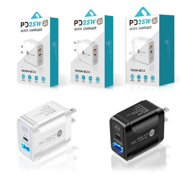 25w Carga rápida rápida QC3.0 PD Tipo c USB AC Puertos duales Cargador de pared de viaje UE EE. UU. Reino Unido Enchufe para iPhone Samsung Lg Teléfono Android con caja de venta al por menor