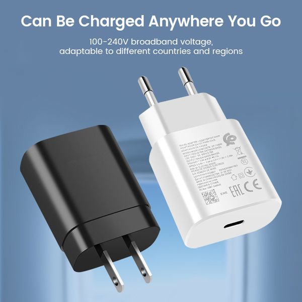 Cargador súper rápido USB tipo C de 25W, adaptador de viaje europeo, enchufe para Samsung Galaxy S23 S22 S21 S20 Ultra Plus A53 A52 A14 iPhone Pixel