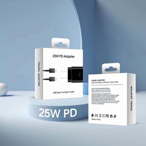 Adaptateurs muraux 25W Chargeur avec câble de type C pour Samsung Adaptateur de charge ultra rapide Prise UL avec boîte d'emballage