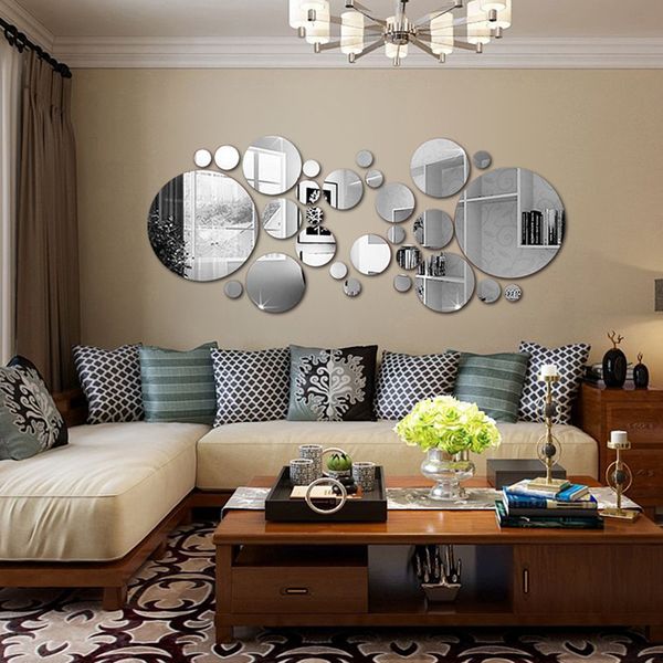 26/24 pièces 3D miroir autocollant mural décor rond miroirs bricolage TV fond chambre autocollants murs chambre salle de bain décoration de la maison