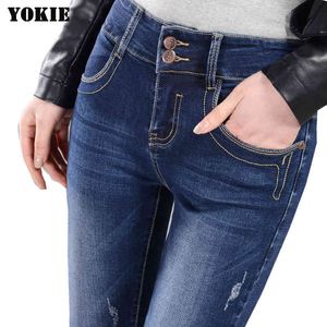 26-32 Plus la taille Strentch femmes denim jeans crayon pantalon maigre taille haute trou vintage femme jeans pantalon femail bleu 210519