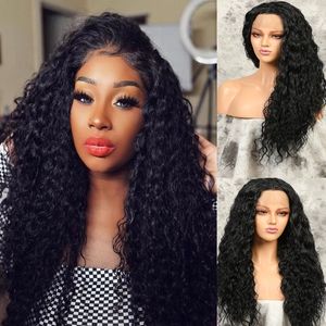 26 '' Black Kinky Curly Pruiken Lijmloze hittebestendige vezelhaar met natuurlijke haarlijn synthetisch kant voor vrouwen