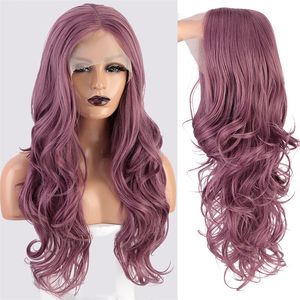 26 inches golvende synthetische kant voor pruik pruik paarse kleur simulatie menselijk haarpruiken 13x4 voor vrouwen HQ601