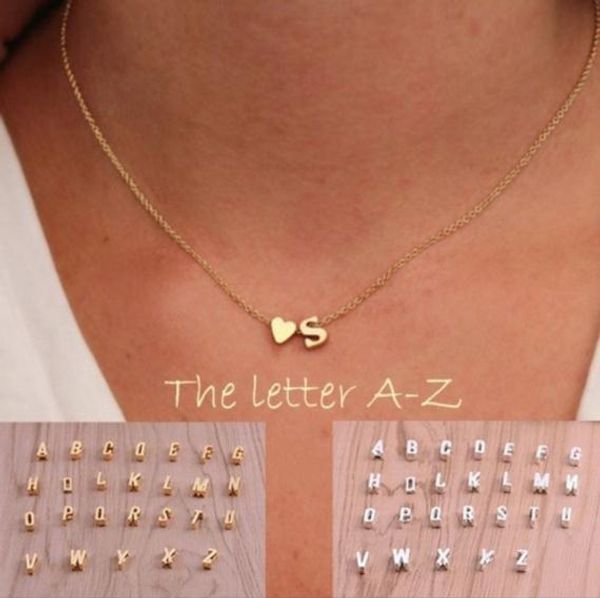 26 letras suéter largo cadena gargantilla collar pequeño amor corazón colgantes para mujeres collier amantes regalo oro plata A-J