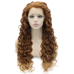26 "Extra lange Auburn Blonde Wig Heatvriendelijke synthetisch haar kanten voorste krullende pruik