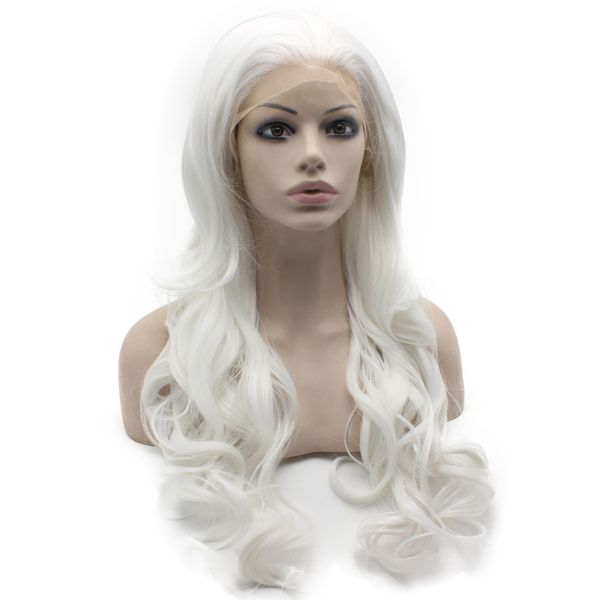 Perruque Lace Front Wig synthétique en Fiber résistante à la chaleur, 26 pouces de Long, #1001, blond blanc, densité élevée, respectueuse de la chaleur