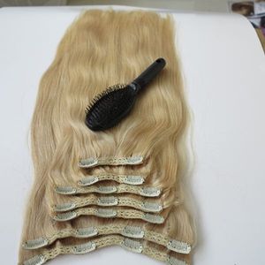 260g 20 22 inch clip in menselijke haarextensions Braziliaanse haar 60 # / platina blonde remy straight haar weeft 7pcs / set gratis kam