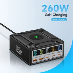 Station de charge USB C 260W GaN PD3.1 QC3.0 Charge rapide 6 en 1 PPS 5 ports Chargeurs sans fil pour MacBook Pro iPhone Samsung Ordinateur portable