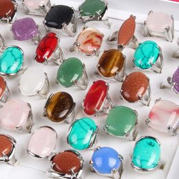 Hot Sale Natural Stone Mix style Silver Plated Rings Unisex Fashion Bezel Setting Large Zircon Wholesale Jewelry Bulk Ring Free Shipping