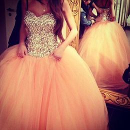 2015 Most Popular Ball Gown Gorgeous Prom Dresses Beaded Luxury Crystals Puffy Tulle Prom Dress Sweetheart Sleeveless Classic Prom Dresses