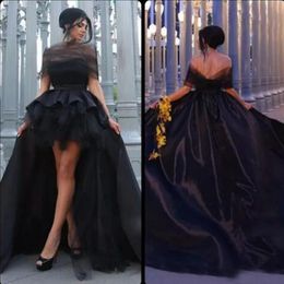 Arabic Black High Low Prom Dress Strapless Tulle Wrap Design Open Back Hi Low Evening Party Gowns Short Front Long Back