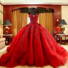 2015 Muslim Luxury Red Wedding Dress Custom Made Sexy Sweetheart Court Train Organza Lace Luxury Wedding Gown Red Prom Ball Gown Quinceanera