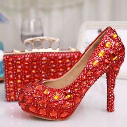 -Glitter Red Crystal Bridal Hochzeitskleid Schuhe Party Abendkleid Schuhe Party Prom High Heels mit passenden Kristall Clutch Bag