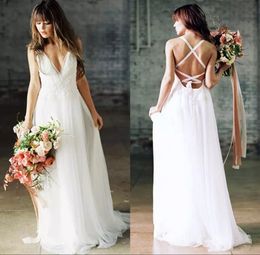 Sexy Boho Beach Wedding Dresses Floor Length Vintage White Lace Bridal Gown Side Slit Wedding Dress