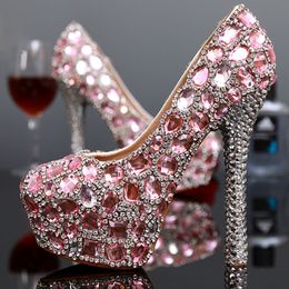 New Arrived Shinny Pink Crystal Rhinestone High Heels Shoes Fashion Luxury Ladies Round Toe Bridal Wedding Dress Shoes