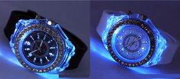 LED Light Glow Geneva Watches diamond crystal stone Led Light watch unisex silicone jelly candy flash up Wristwatches Sports Watches by DHL