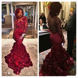 Red Arabic Prom Dresses Illusion Appliqued Jewel Long Sleeve Evening Gowns Floor Length Mermaid Formal Dress With Flower