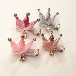 New Baby Fashion Hair Barrettes 20pcs/lot Glitter Felt Crown With Mini Gauze Bows And Crystal Cute Kids Hair Clips