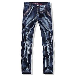 European American Style Men's Jeans Spliced Washed Patchwork Scratched Slim Straight Denim Jeans Rock Revival Plus Size:28-38 Blue Colour
