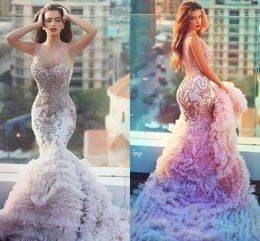 Gorgeous Mermaid Long Evening Dresses Tiered Sexy Backless See Through Tulle Floor Length Prom Party Gowns Custom Made New Arrival